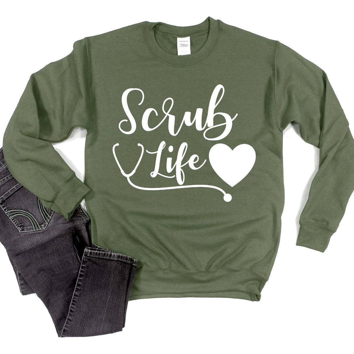 Scrub Life with Stethoscope and Heart - Long Sleeve Heavy Crewneck Sweatshirt