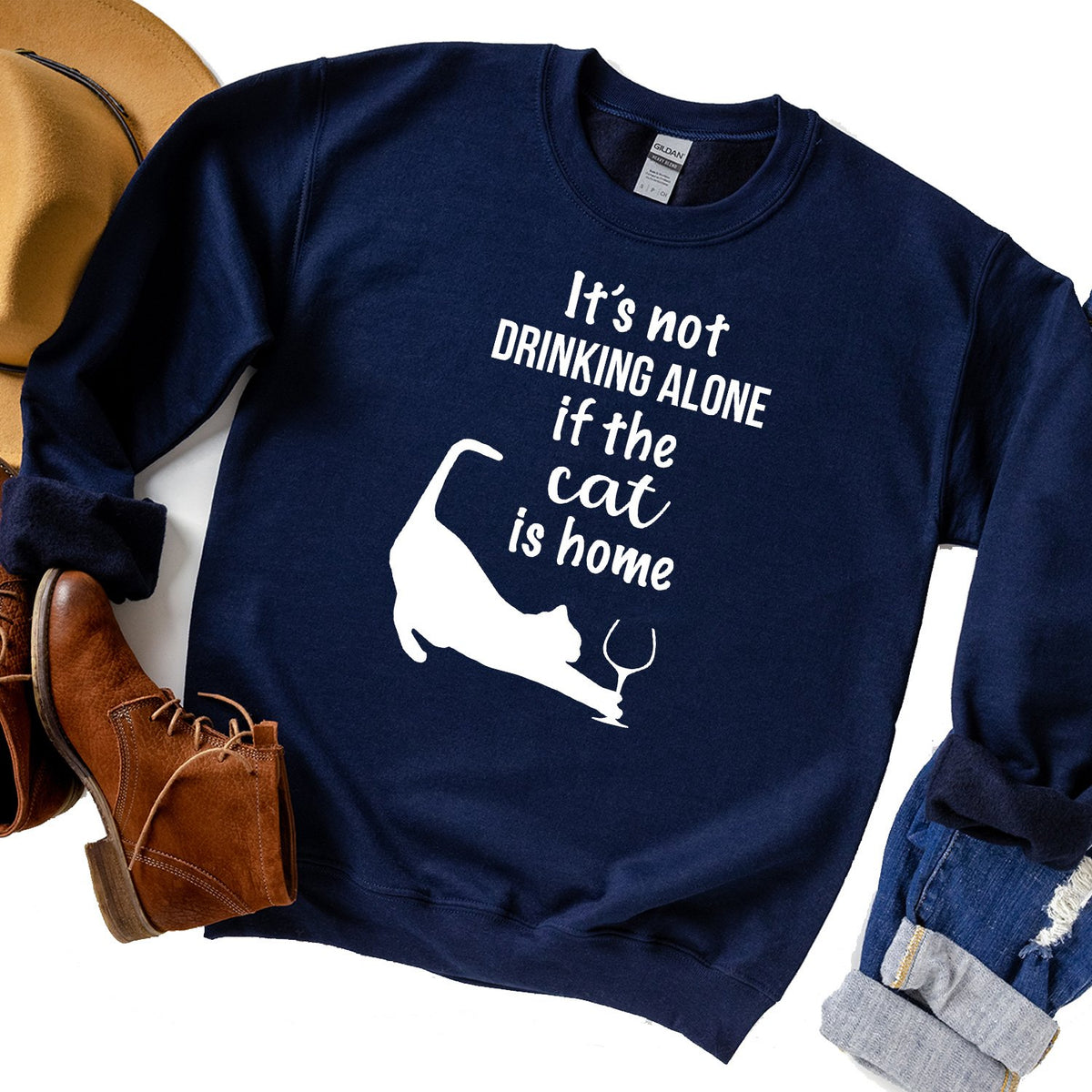 It&#39;s Not Drinking Alone If the Cat is Home - Long Sleeve Heavy Crewneck Sweatshirt