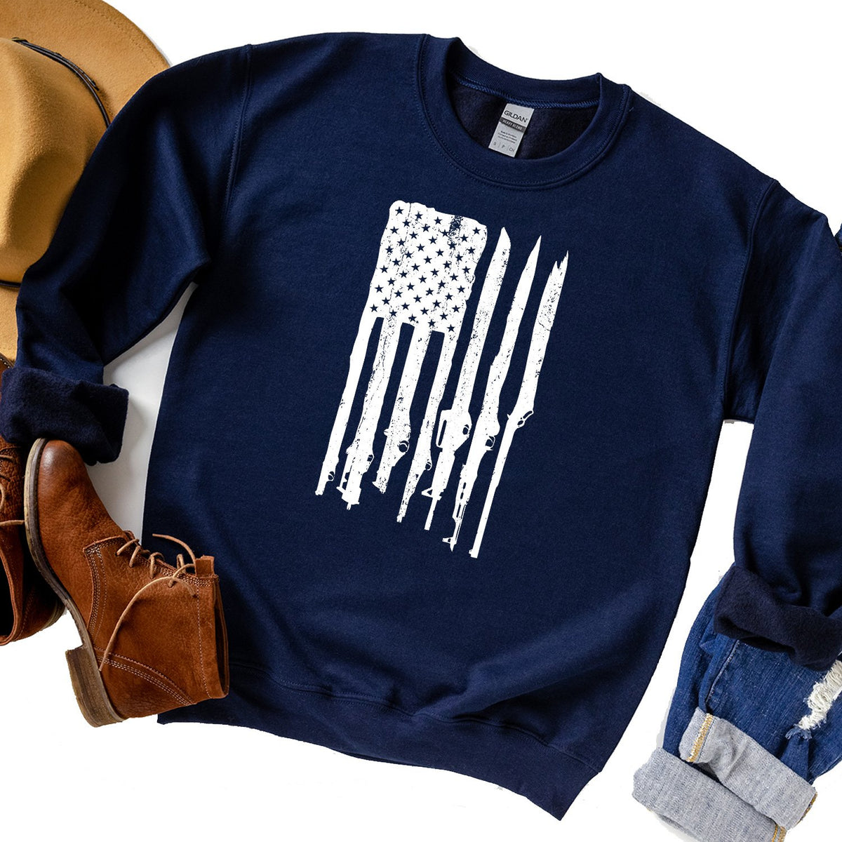 American Flag with Guns - Long Sleeve Heavy Crewneck Sweatshirt