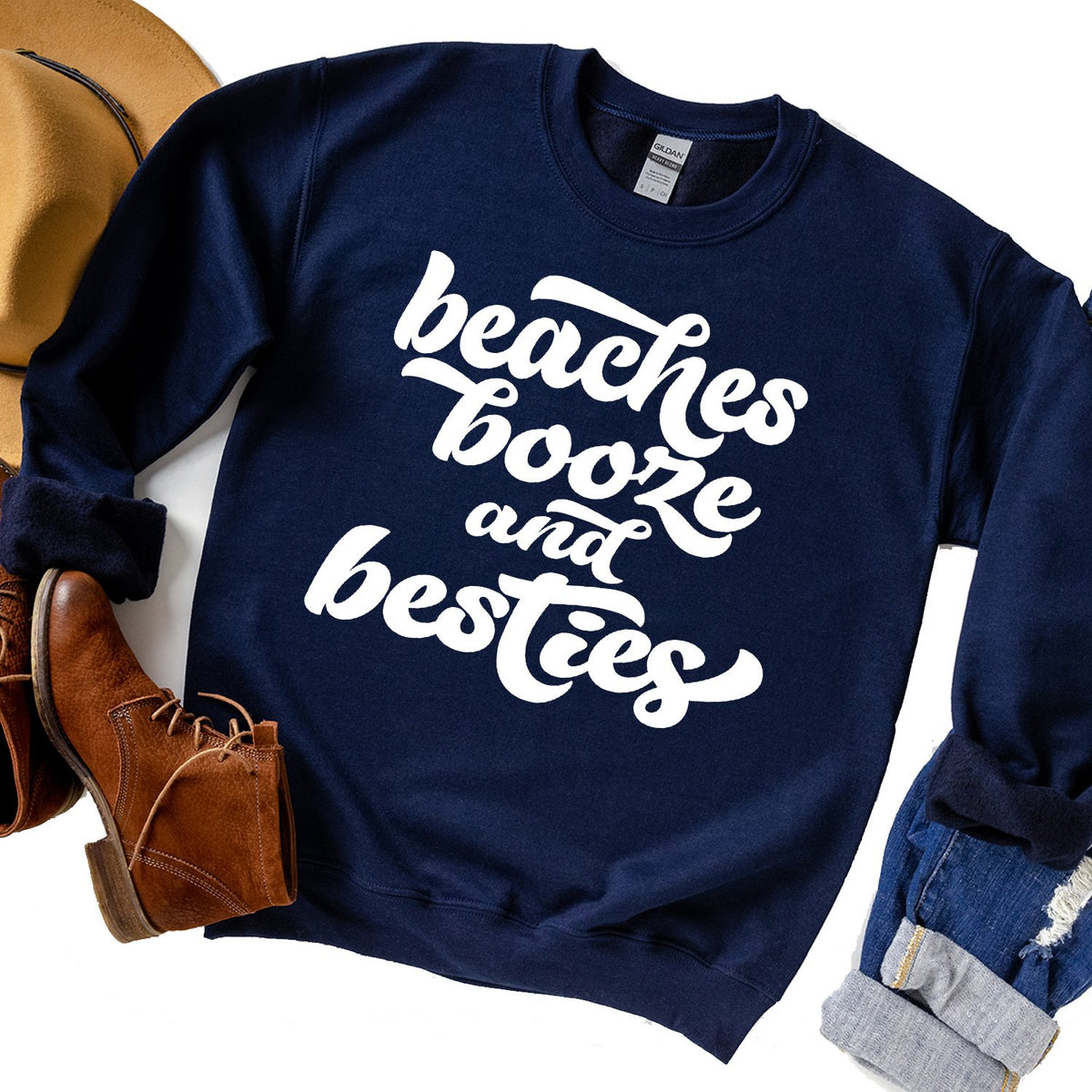 Beaches Booze and Besties - Long Sleeve Heavy Crewneck Sweatshirt