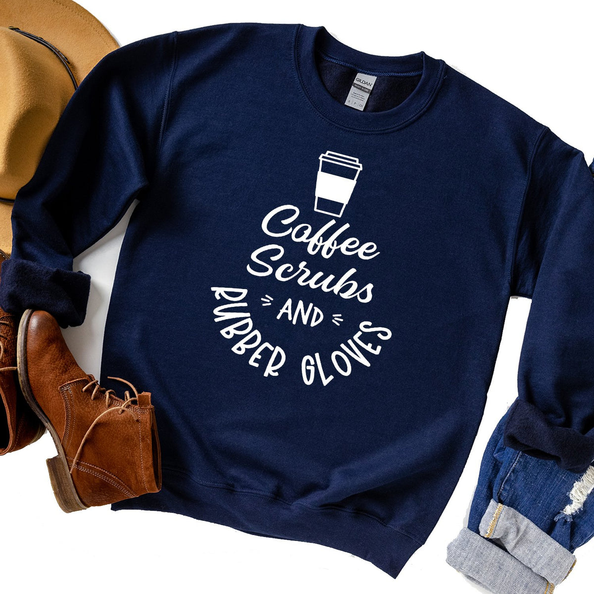 Coffee Scrubs and Rubber Gloves - Long Sleeve Heavy Crewneck Sweatshirt