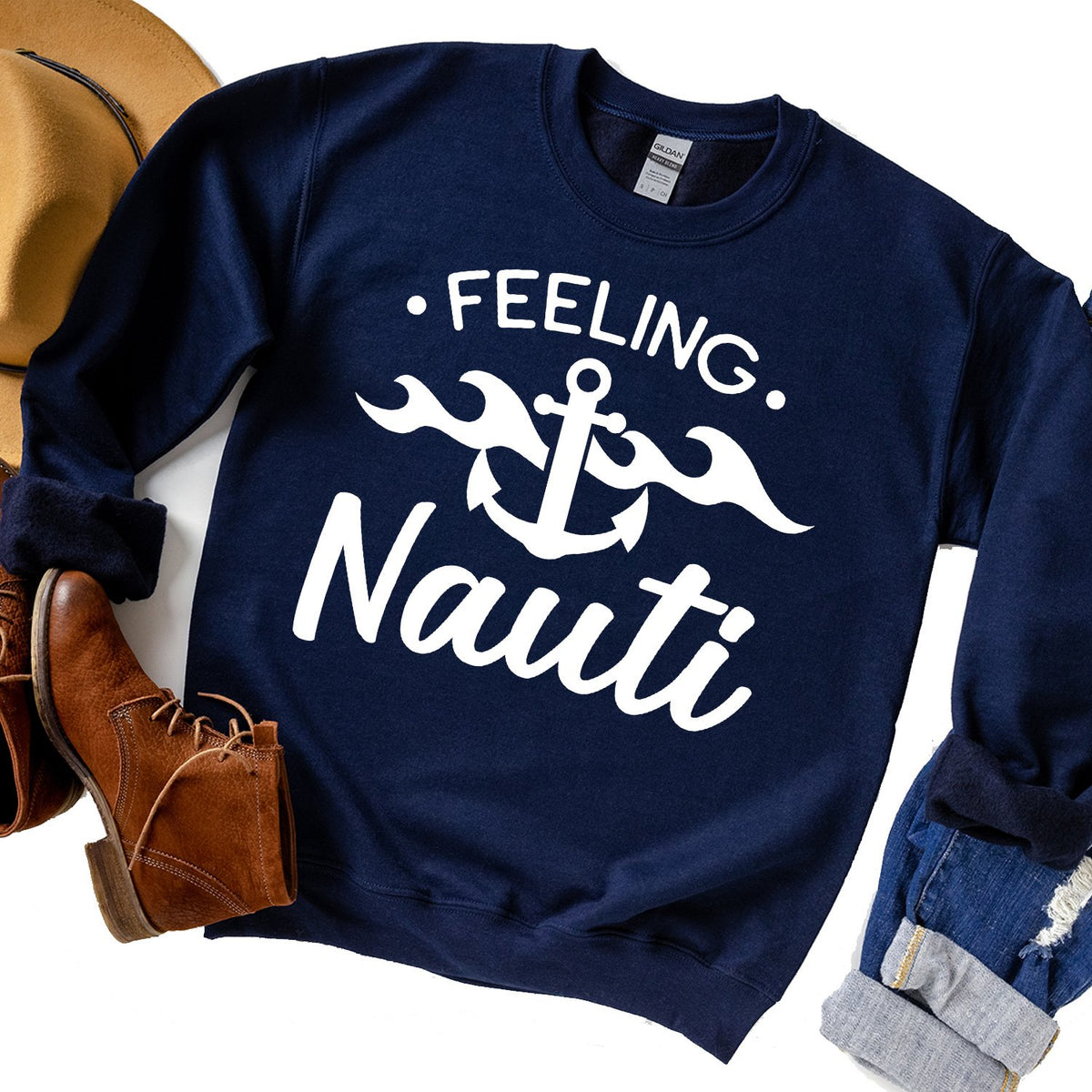 Feeling Nauti with Anchor - Long Sleeve Heavy Crewneck Sweatshirt