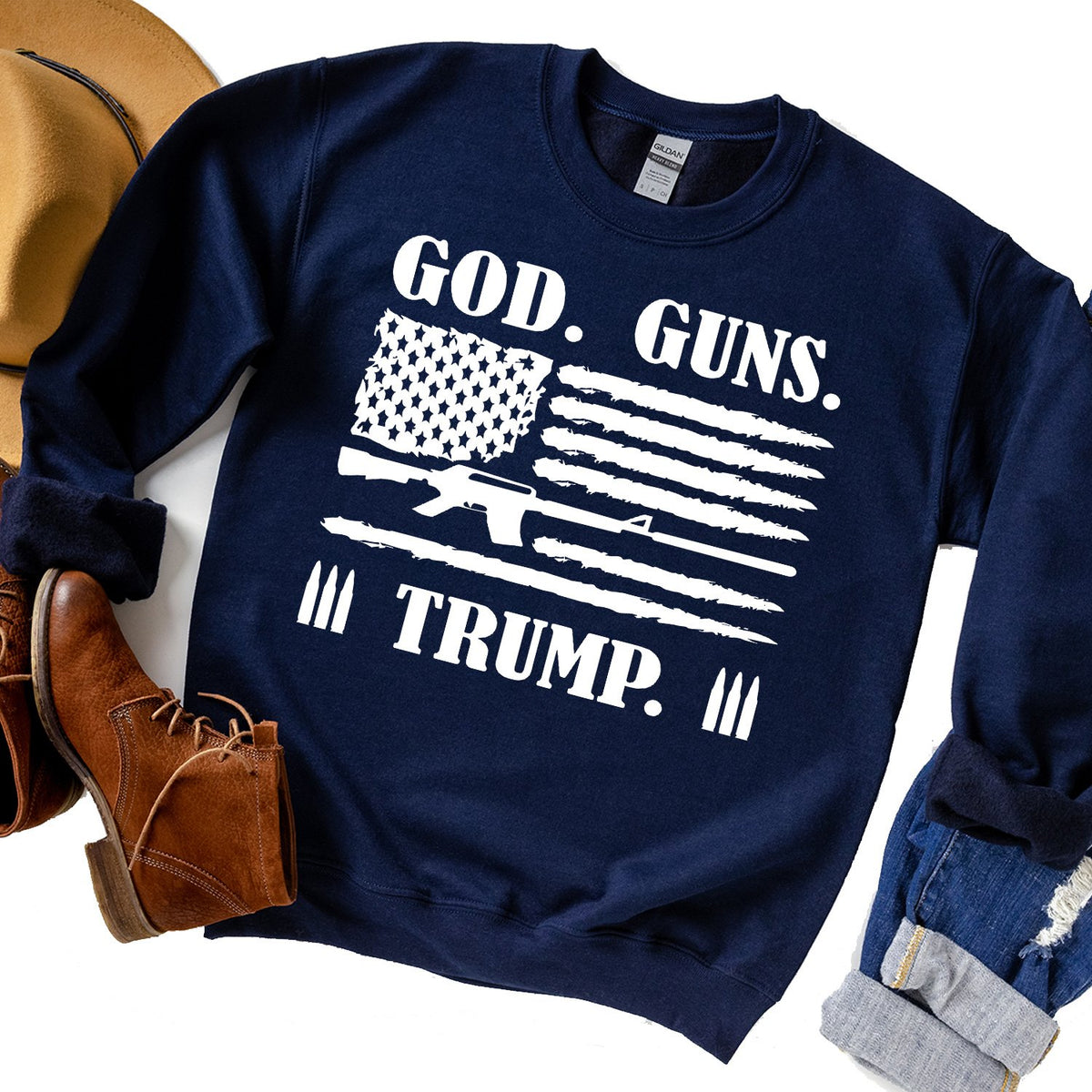 God Guns &amp; Trump - Long Sleeve Heavy Crewneck Sweatshirt