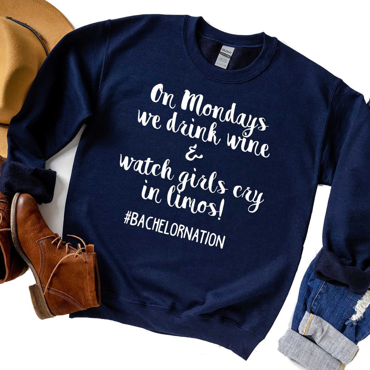 On Mondays We Drink Wine &amp; Watch Girls Cry in Limos - Long Sleeve Heavy Crewneck Sweatshirt