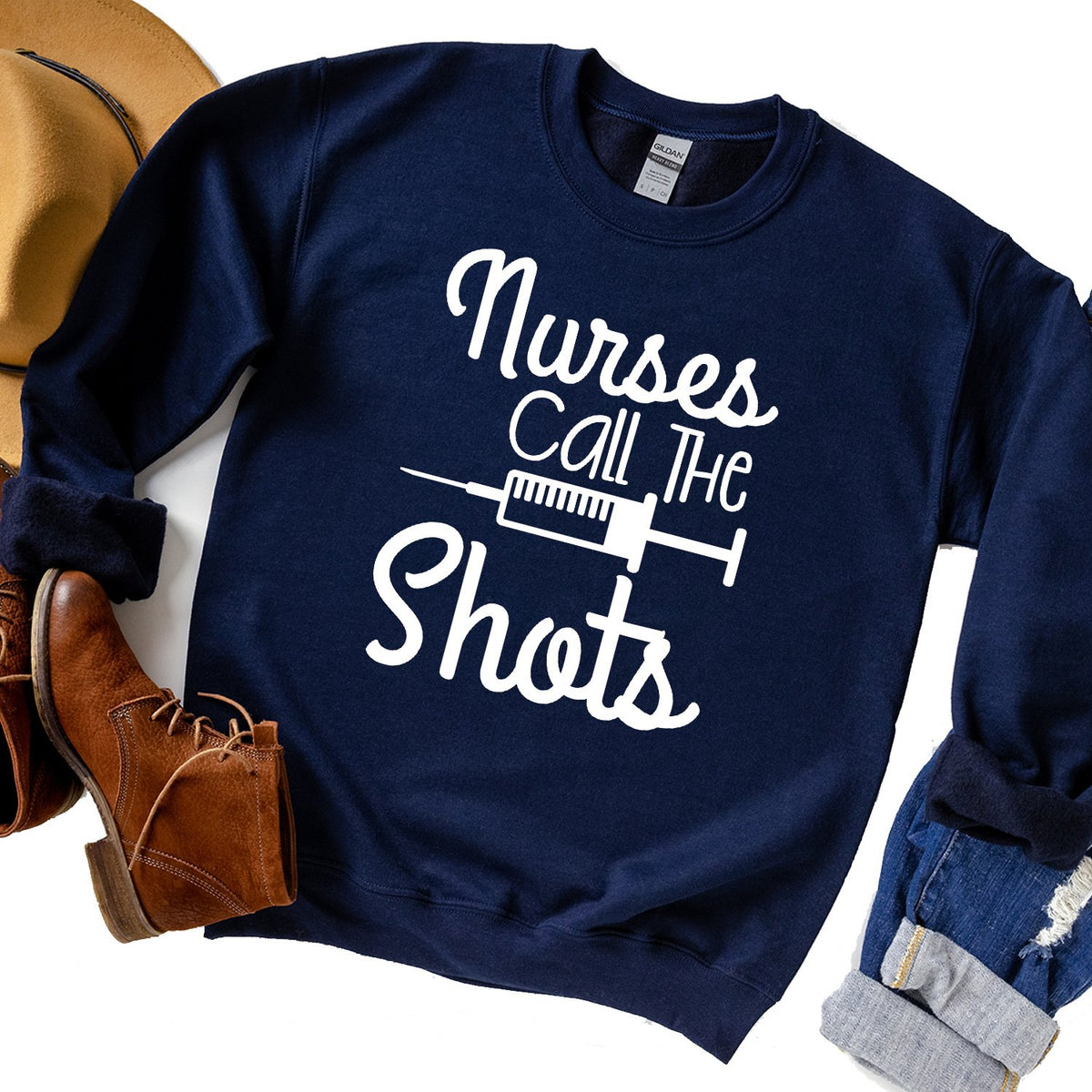 Nurses Call the Shots - Long Sleeve Heavy Crewneck Sweatshirt