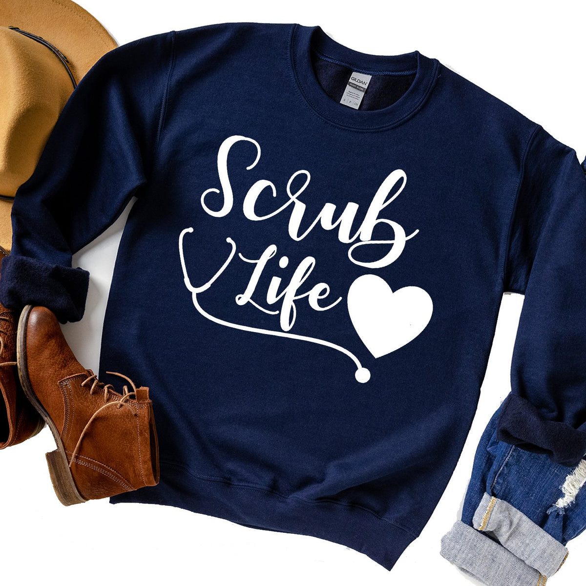 Scrub Life with Stethoscope and Heart - Long Sleeve Heavy Crewneck Sweatshirt