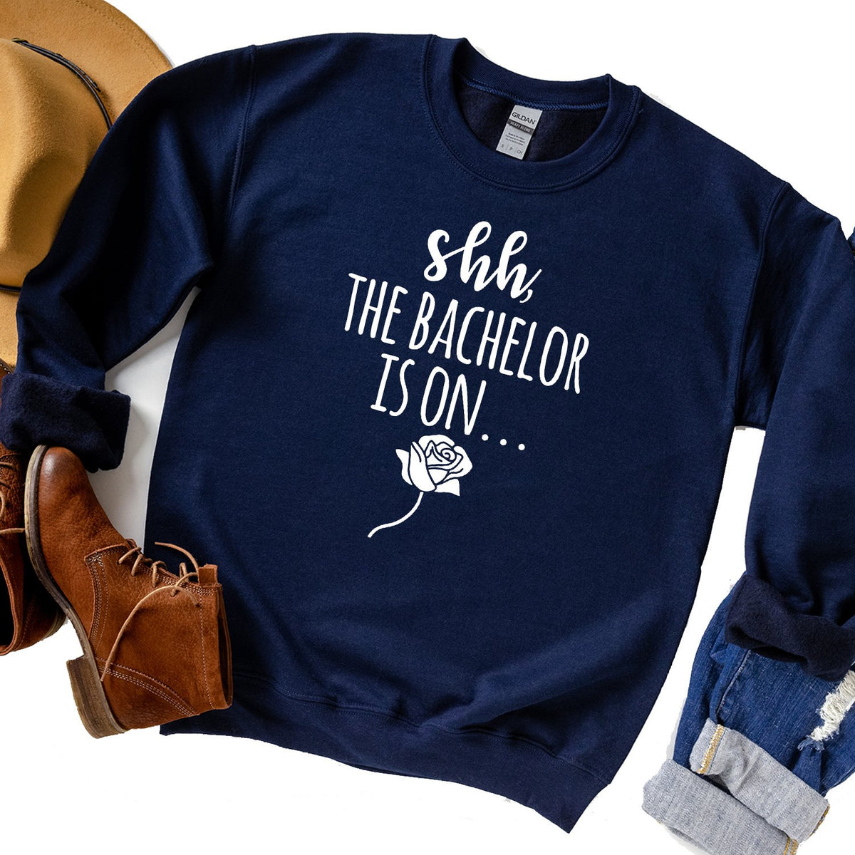 Shh The Bachelor is On - Long Sleeve Heavy Crewneck Sweatshirt