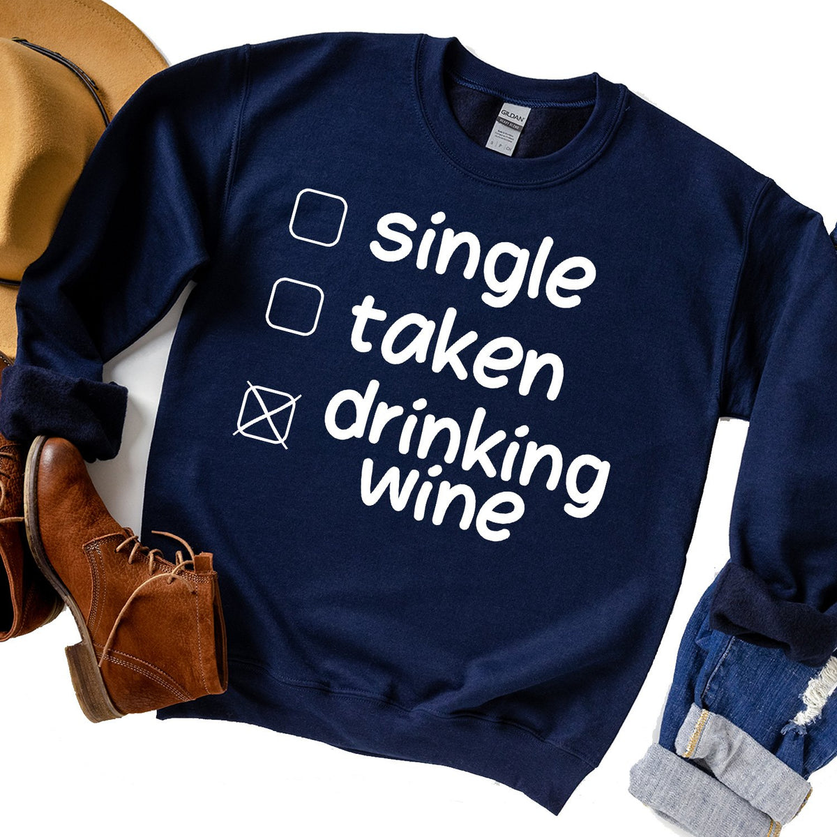 Single Taken Drinking Wine - Long Sleeve Heavy Crewneck Sweatshirt