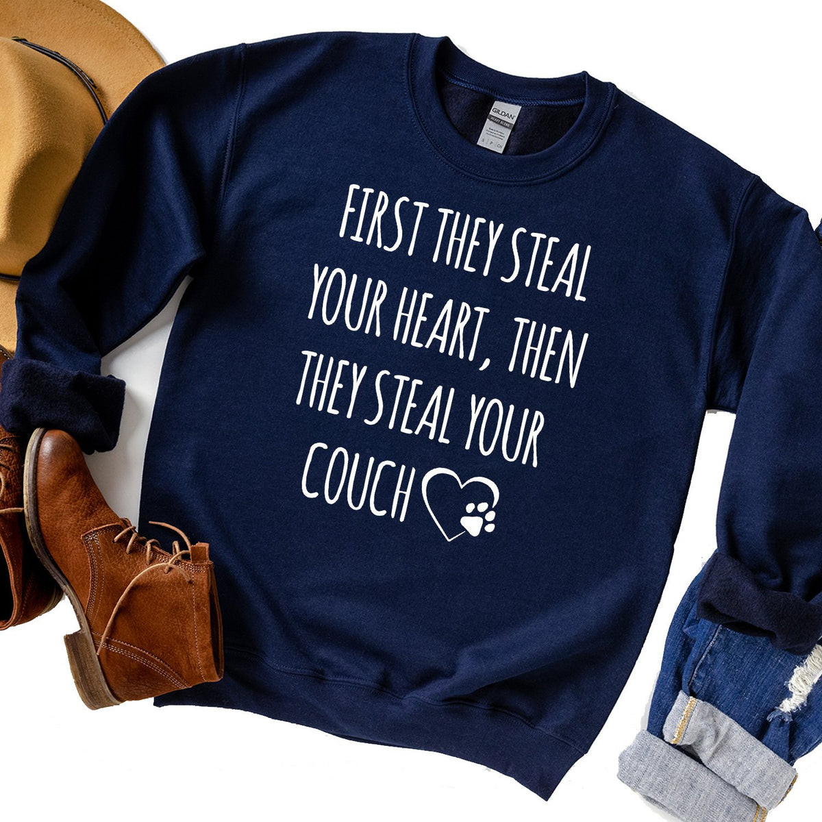 First They Steal Your Heart, Then They Steal Your Couch - Long Sleeve Heavy Crewneck Sweatshirt