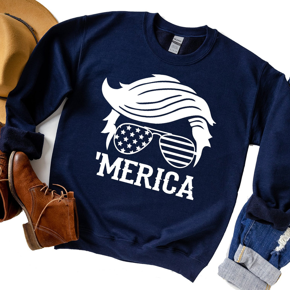 Trump Merica Glasses - Long Sleeve Heavy Crewneck Sweatshirt
