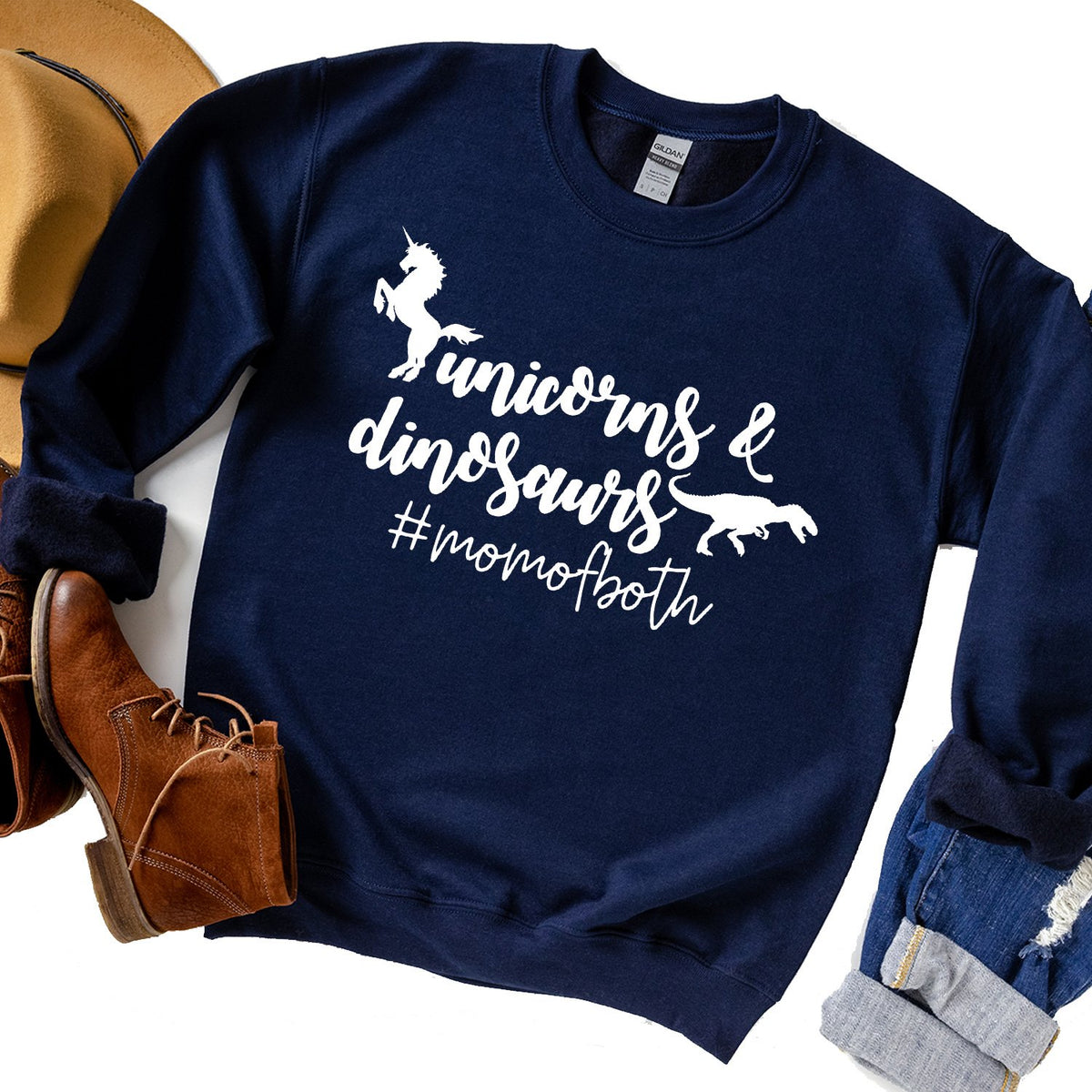 Unicorns &amp; Dinosaurs #MomOfBoth - Long Sleeve Heavy Crewneck Sweatshirt