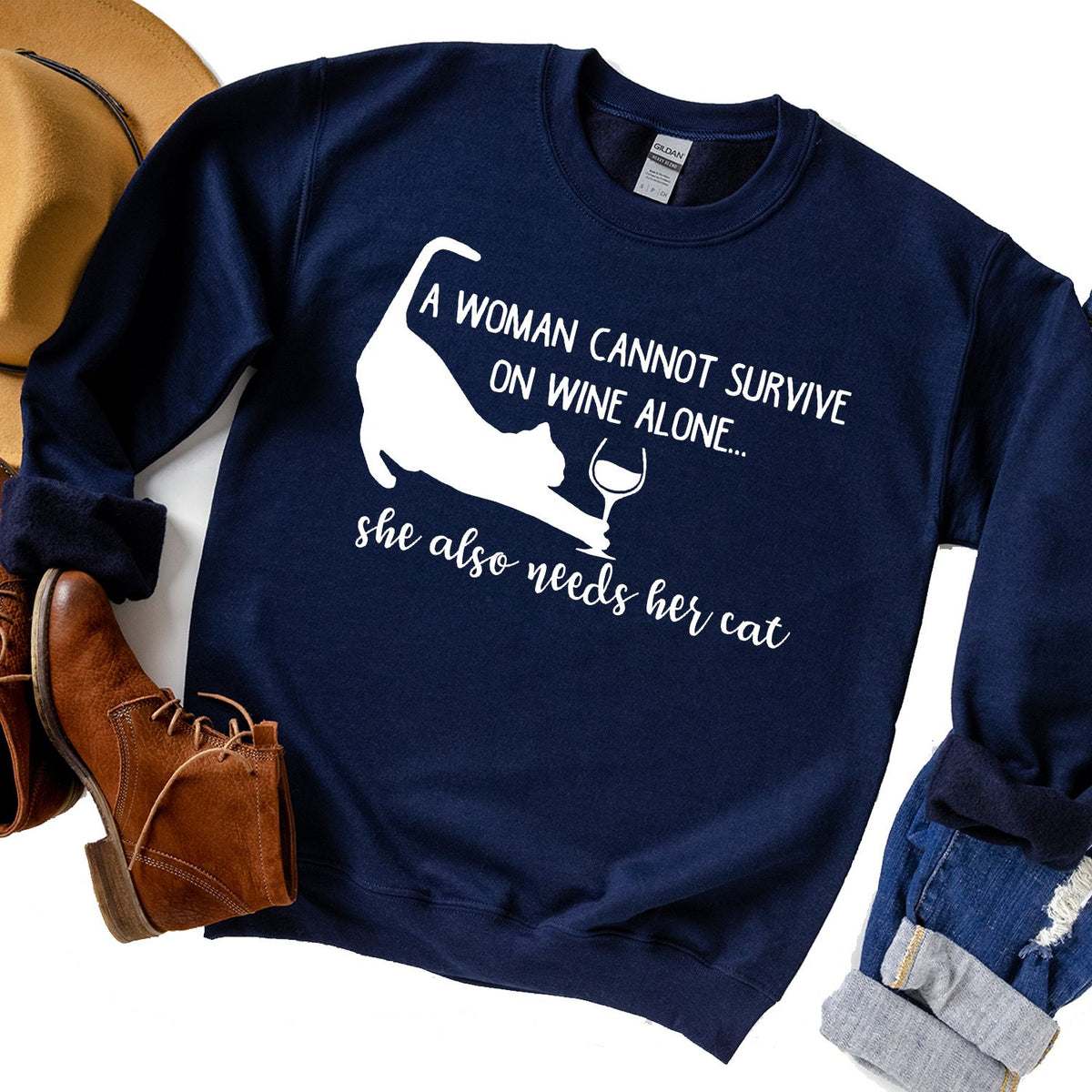 A Woman Cannot Survive on Wine Alone, She also Needs her Cat - Long Sleeve Heavy Crewneck Sweatshirt