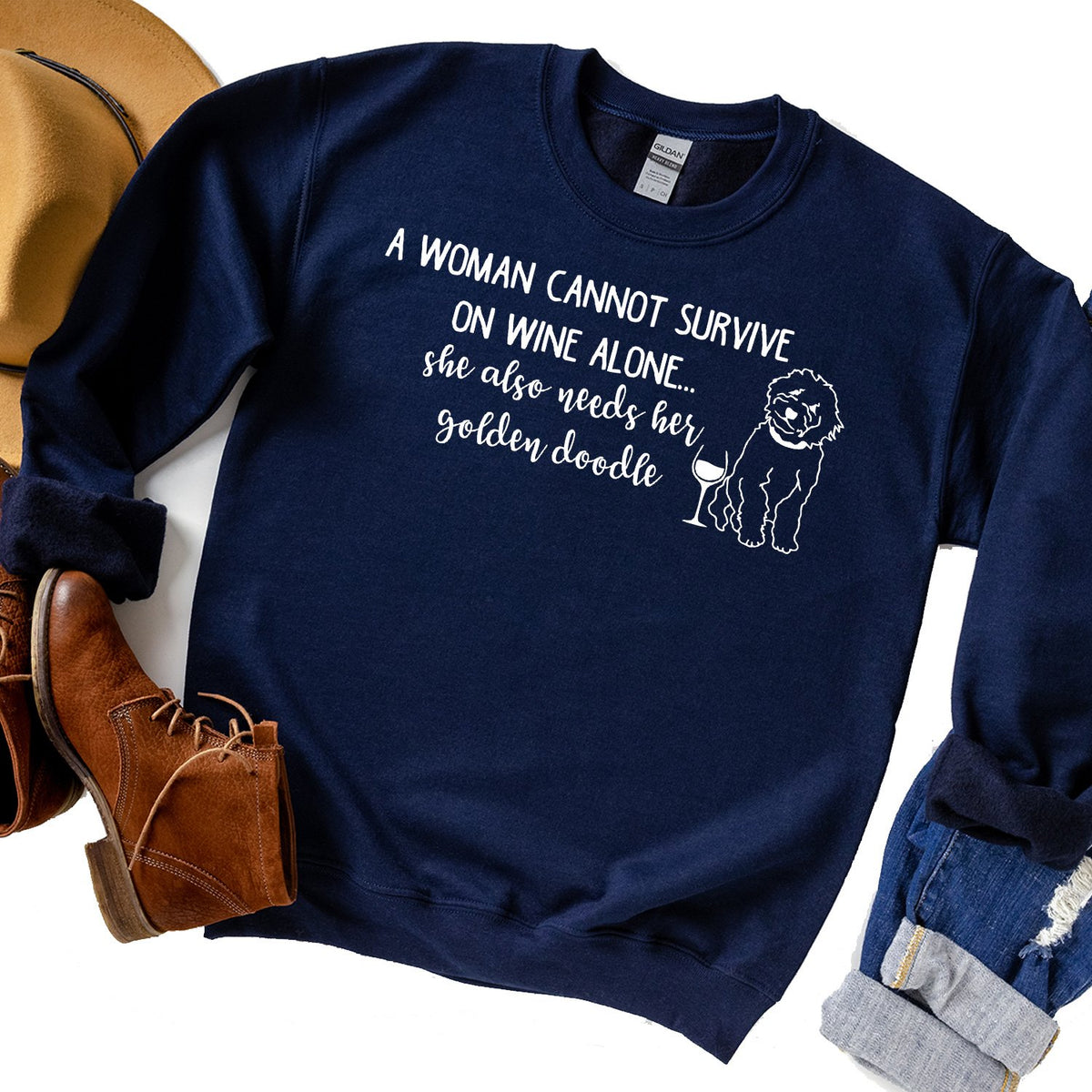 A Woman Cannot Survive on Wine Alone, She also Needs her Golden Doodle - Long Sleeve Heavy Crewneck Sweatshirt