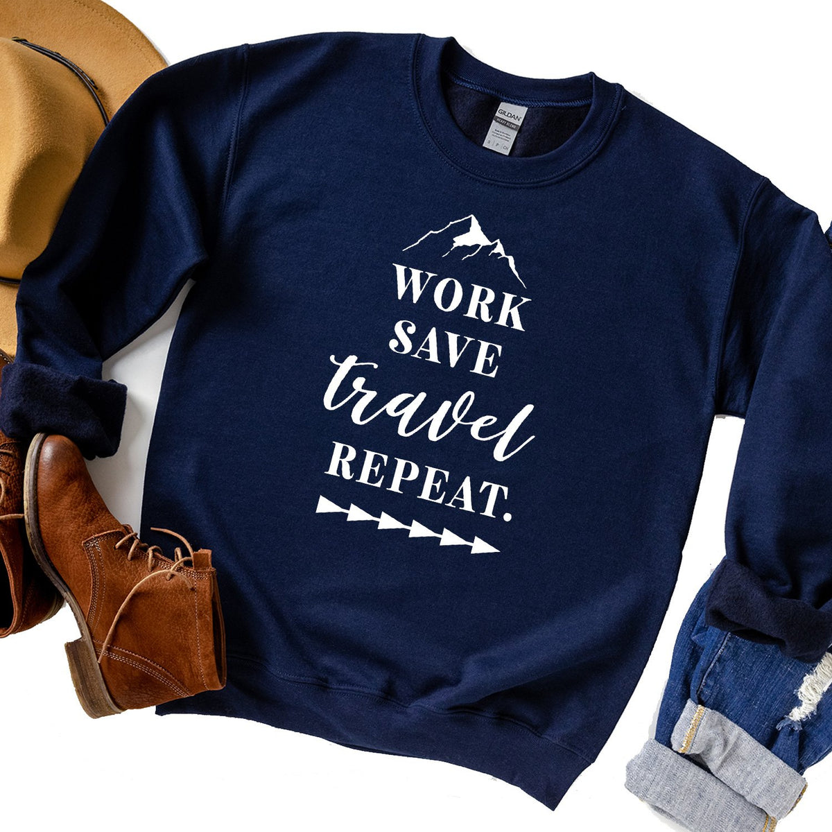 Work Save Travel Repeat - Long Sleeve Heavy Crewneck Sweatshirt