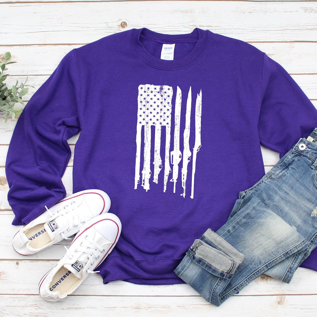 American Flag with Guns - Long Sleeve Heavy Crewneck Sweatshirt