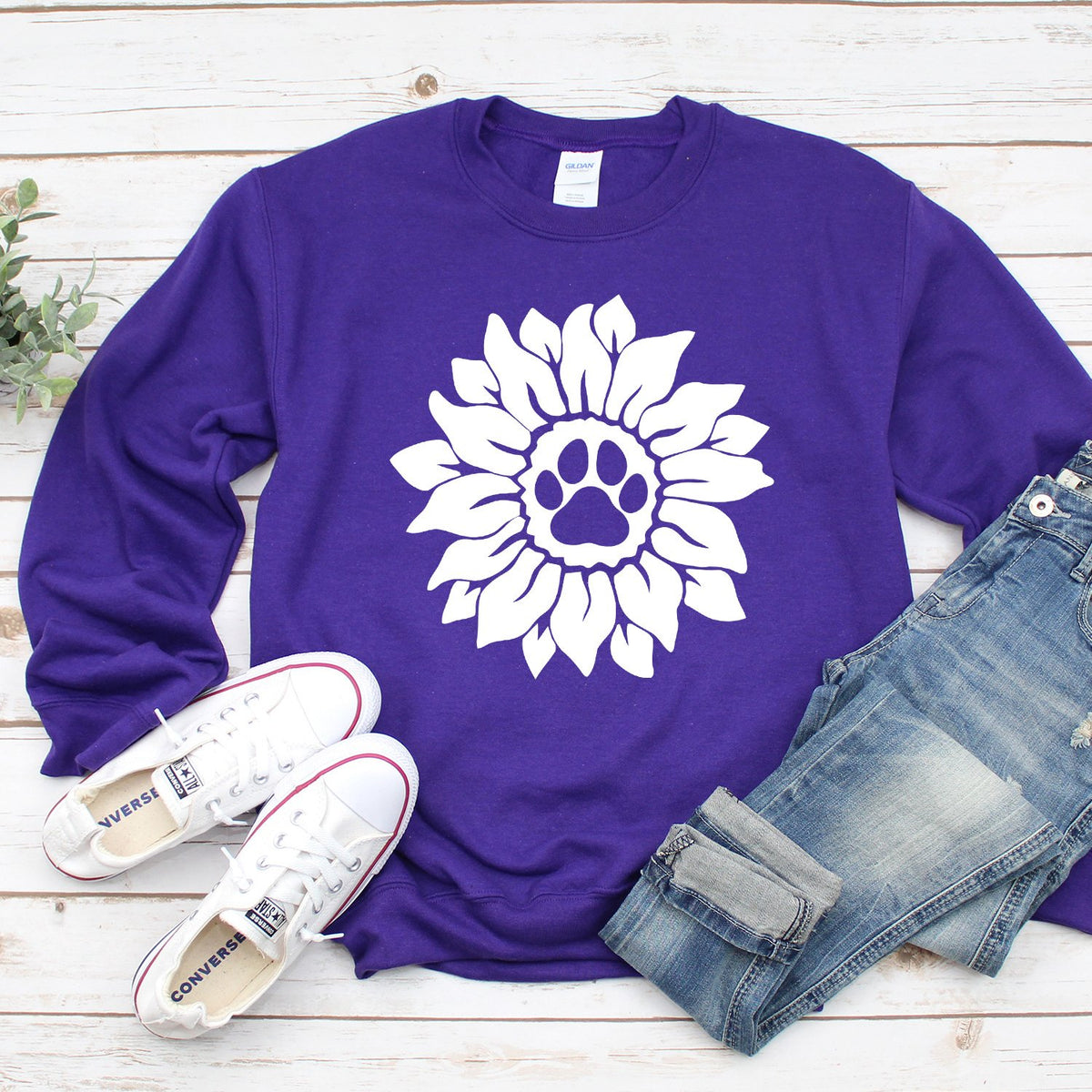 Dog Paw Sunflower - Long Sleeve Heavy Crewneck Sweatshirt