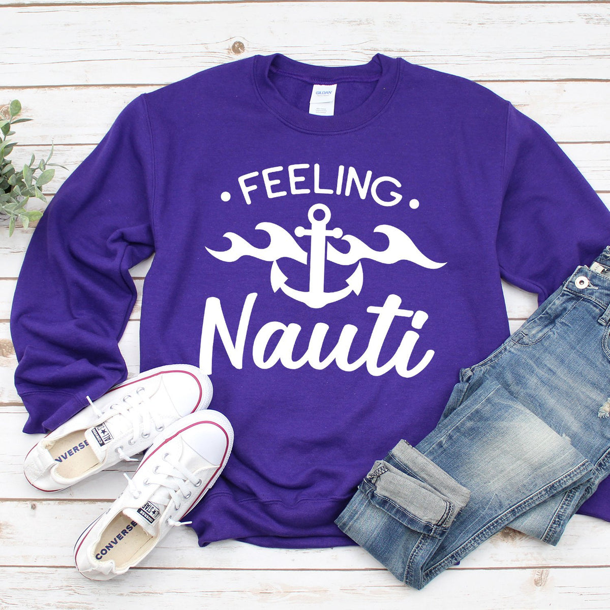 Feeling Nauti with Anchor - Long Sleeve Heavy Crewneck Sweatshirt