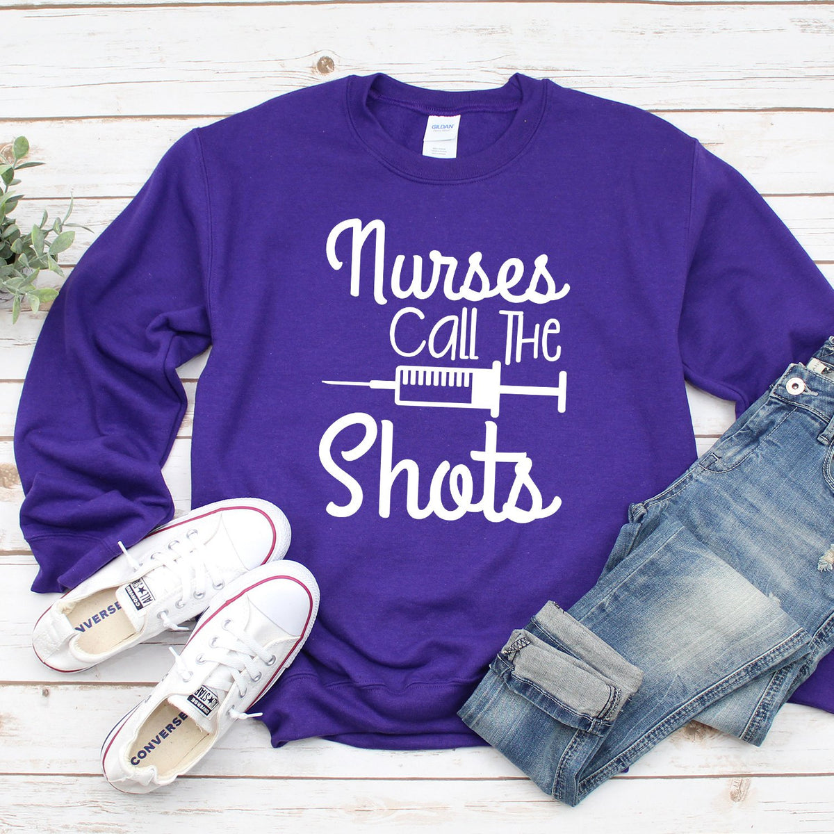 Nurses Call the Shots - Long Sleeve Heavy Crewneck Sweatshirt