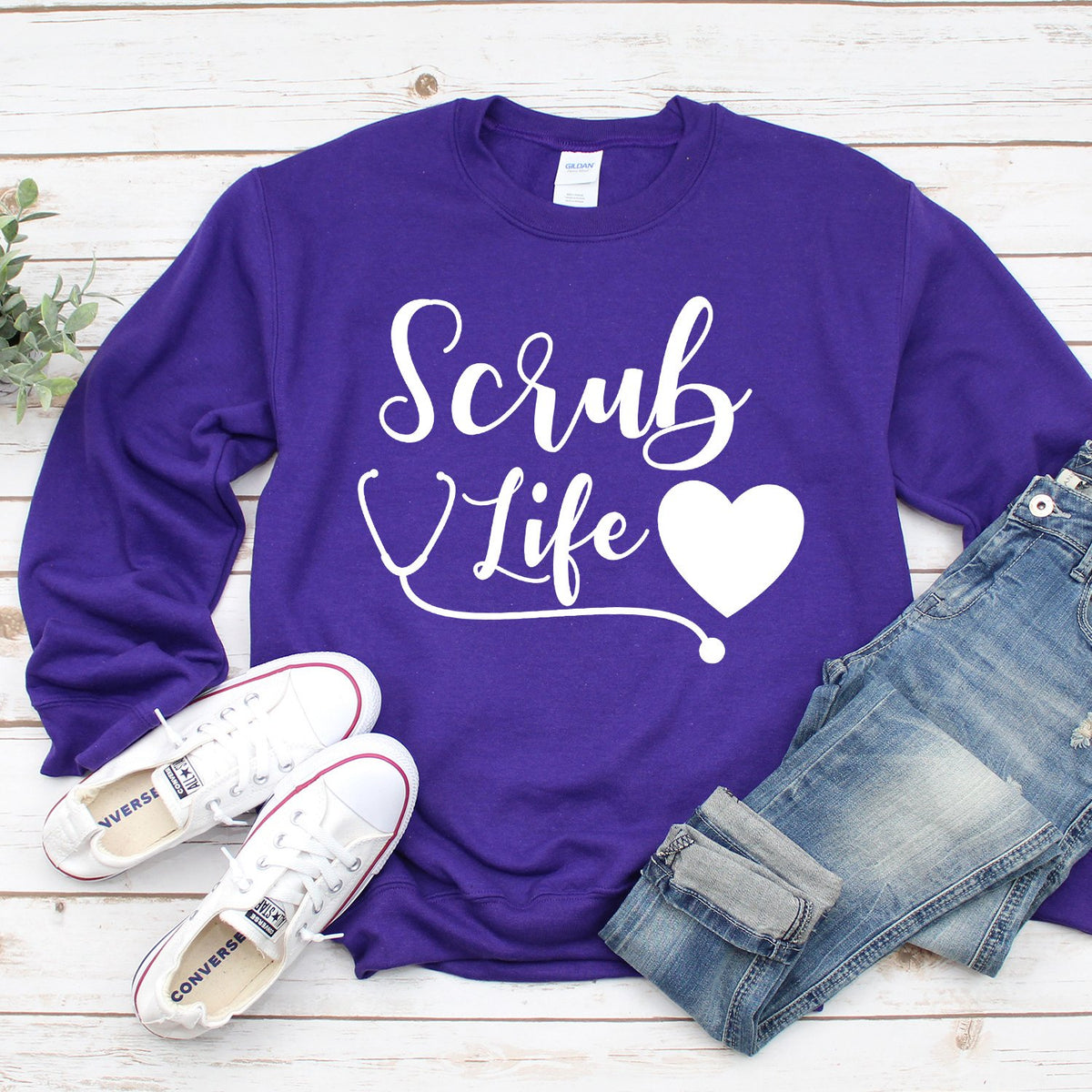 Scrub Life with Stethoscope and Heart - Long Sleeve Heavy Crewneck Sweatshirt