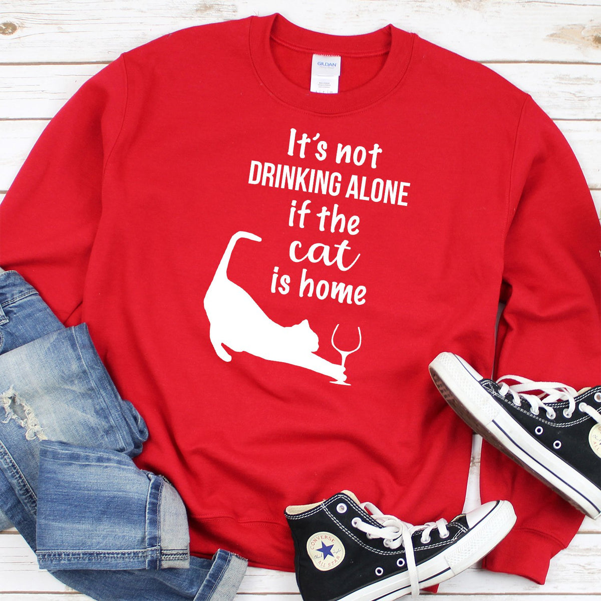 It&#39;s Not Drinking Alone If the Cat is Home - Long Sleeve Heavy Crewneck Sweatshirt
