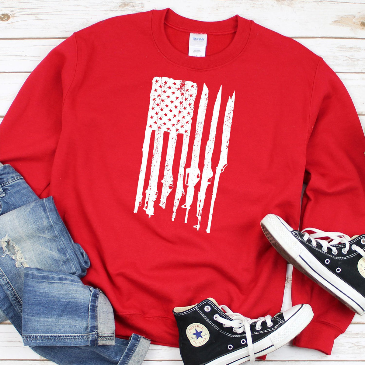 American Flag with Guns - Long Sleeve Heavy Crewneck Sweatshirt