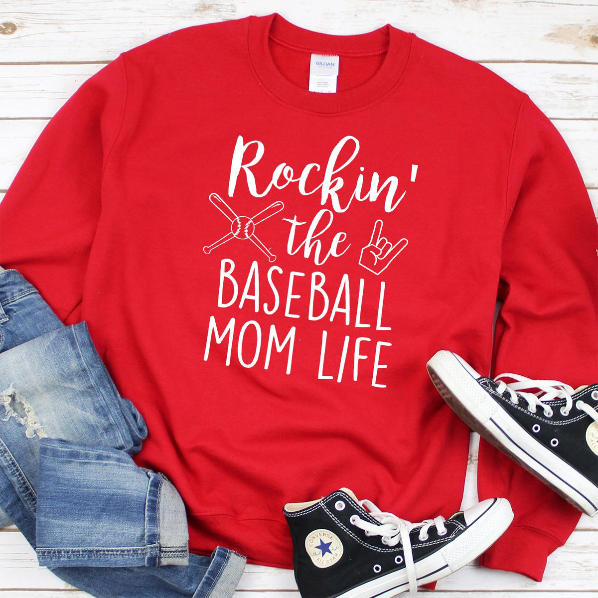 Rockin&#39; The Baseball Mom Life - Long Sleeve Heavy Crewneck Sweatshirt