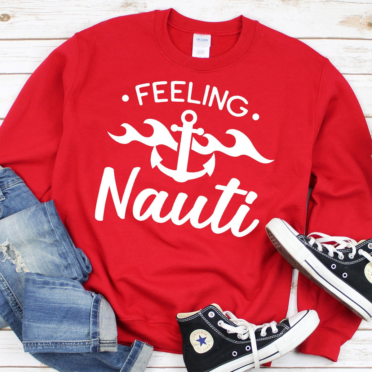 Feeling Nauti with Anchor - Long Sleeve Heavy Crewneck Sweatshirt