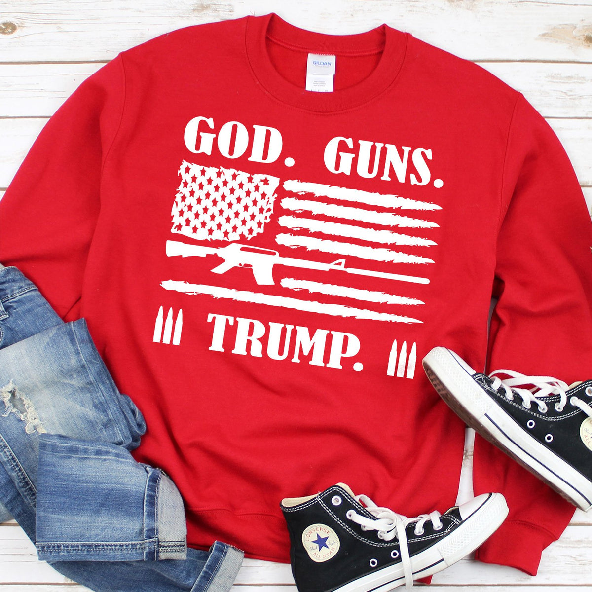 God Guns &amp; Trump - Long Sleeve Heavy Crewneck Sweatshirt