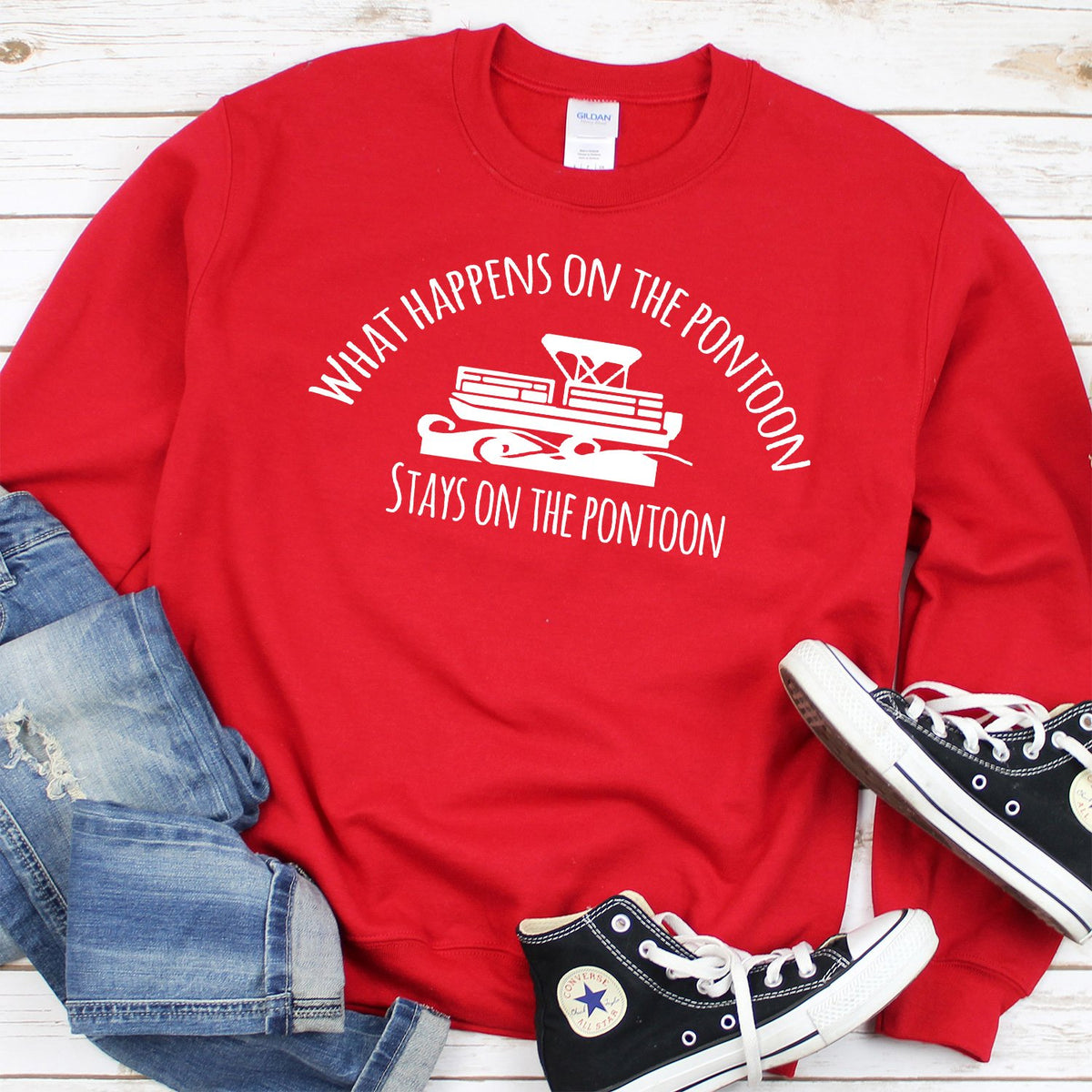 What Happens on the Pontoon Stays on the Pontoon - Long Sleeve Heavy Crewneck Sweatshirt