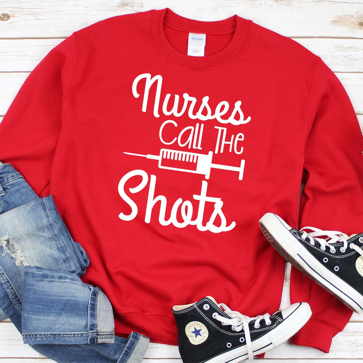 Nurses Call the Shots - Long Sleeve Heavy Crewneck Sweatshirt