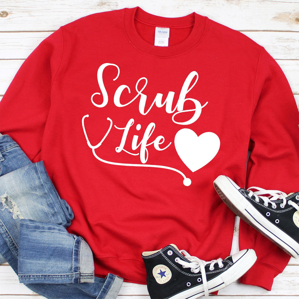 Scrub Life with Stethoscope and Heart - Long Sleeve Heavy Crewneck Sweatshirt