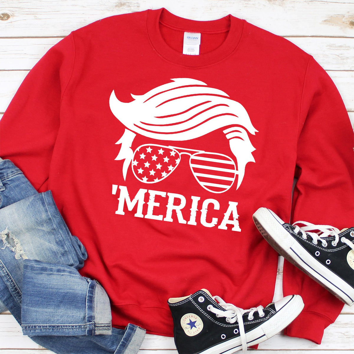 Trump Merica Glasses - Long Sleeve Heavy Crewneck Sweatshirt