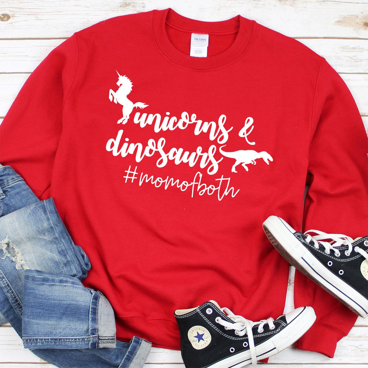 Unicorns &amp; Dinosaurs #MomOfBoth - Long Sleeve Heavy Crewneck Sweatshirt