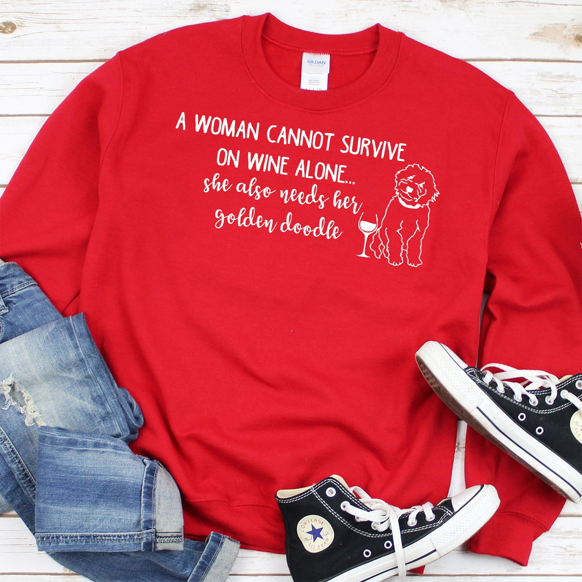 A Woman Cannot Survive on Wine Alone, She also Needs her Golden Doodle - Long Sleeve Heavy Crewneck Sweatshirt