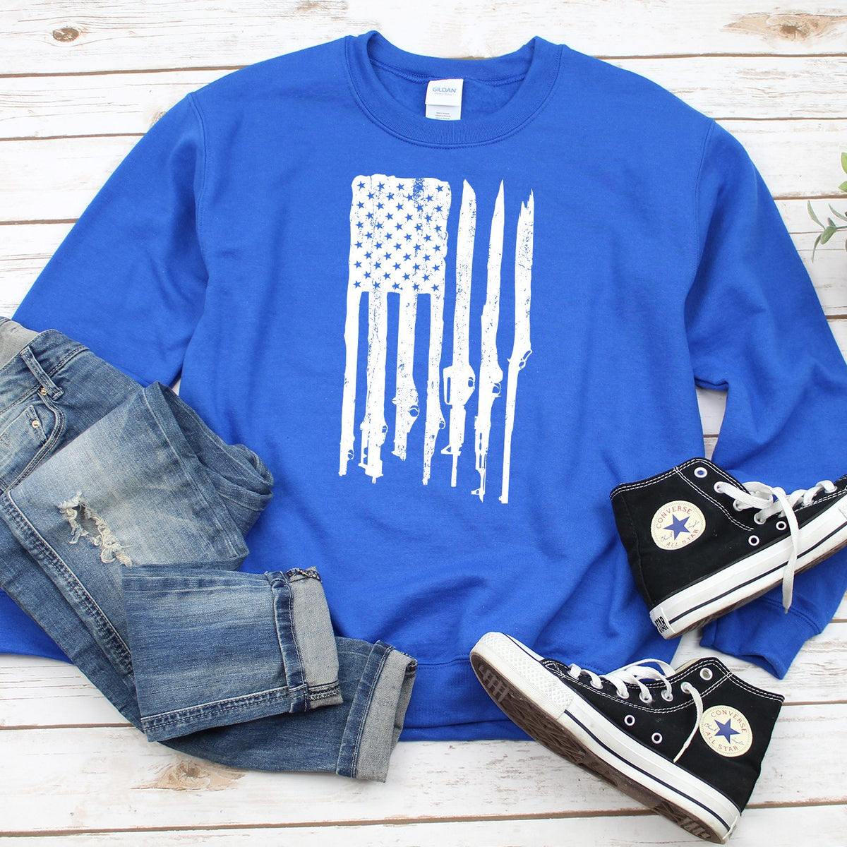 American Flag with Guns - Long Sleeve Heavy Crewneck Sweatshirt