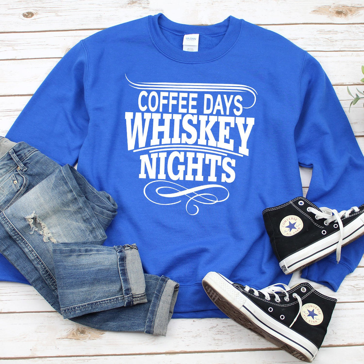 Coffee Days Whiskey Nights - Long Sleeve Heavy Crewneck Sweatshirt