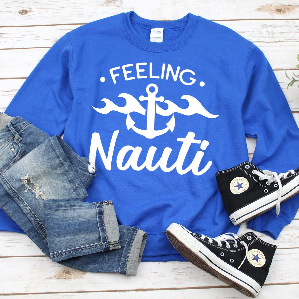 Feeling Nauti with Anchor - Long Sleeve Heavy Crewneck Sweatshirt