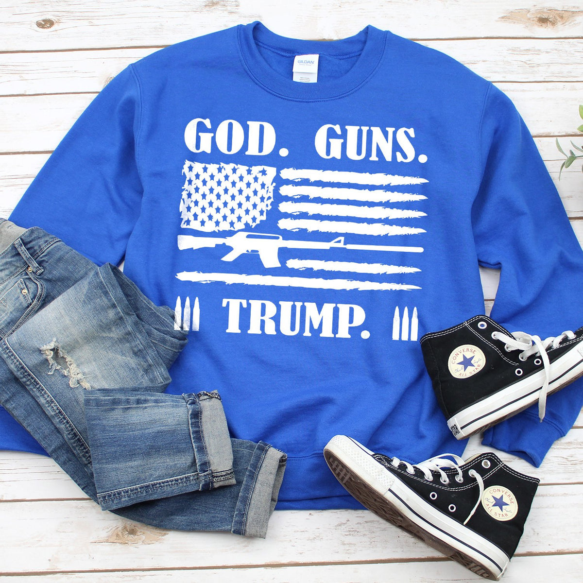 God Guns &amp; Trump - Long Sleeve Heavy Crewneck Sweatshirt
