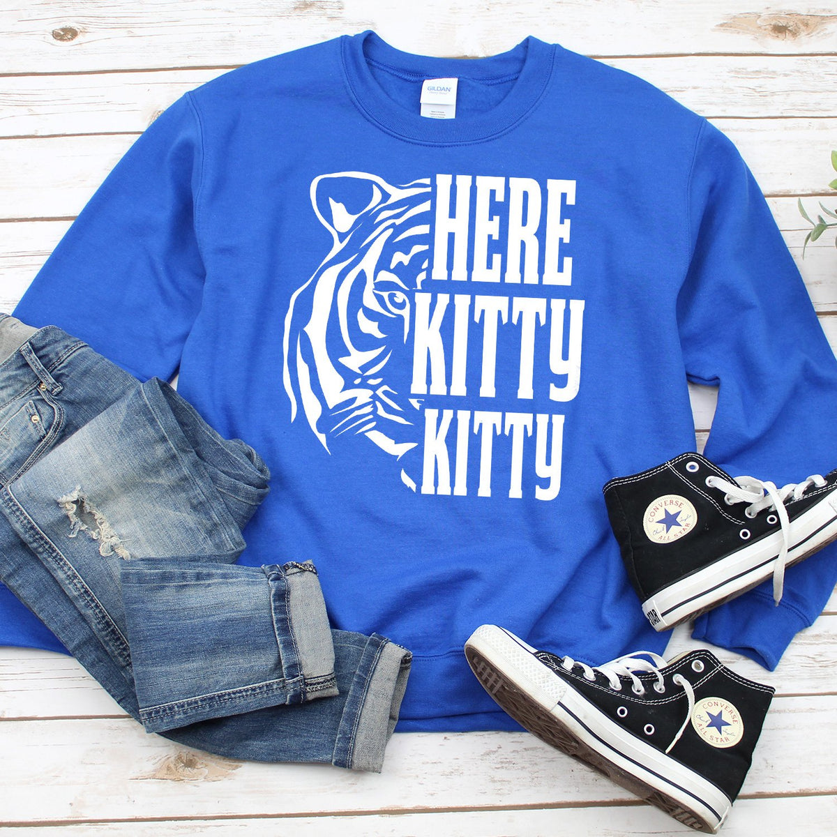 Here Kitty Kitty with Tiger - Long Sleeve Heavy Crewneck Sweatshirt