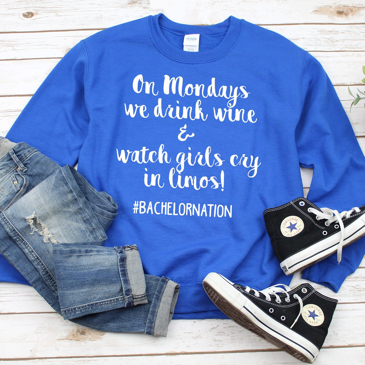 On Mondays We Drink Wine &amp; Watch Girls Cry in Limos - Long Sleeve Heavy Crewneck Sweatshirt
