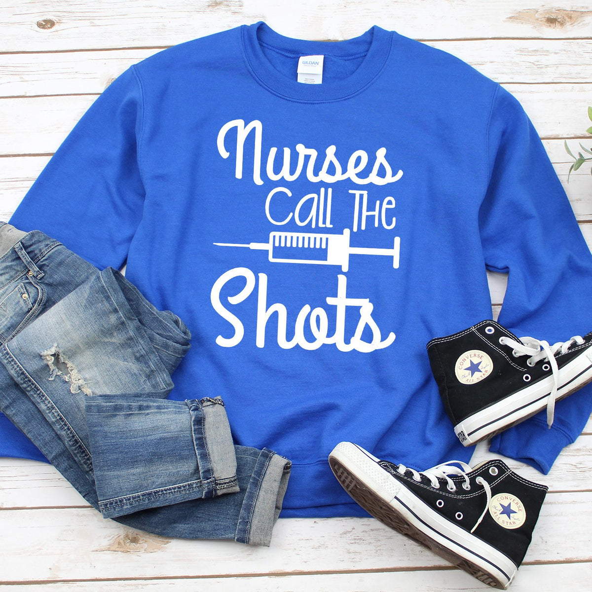 Nurses Call the Shots - Long Sleeve Heavy Crewneck Sweatshirt