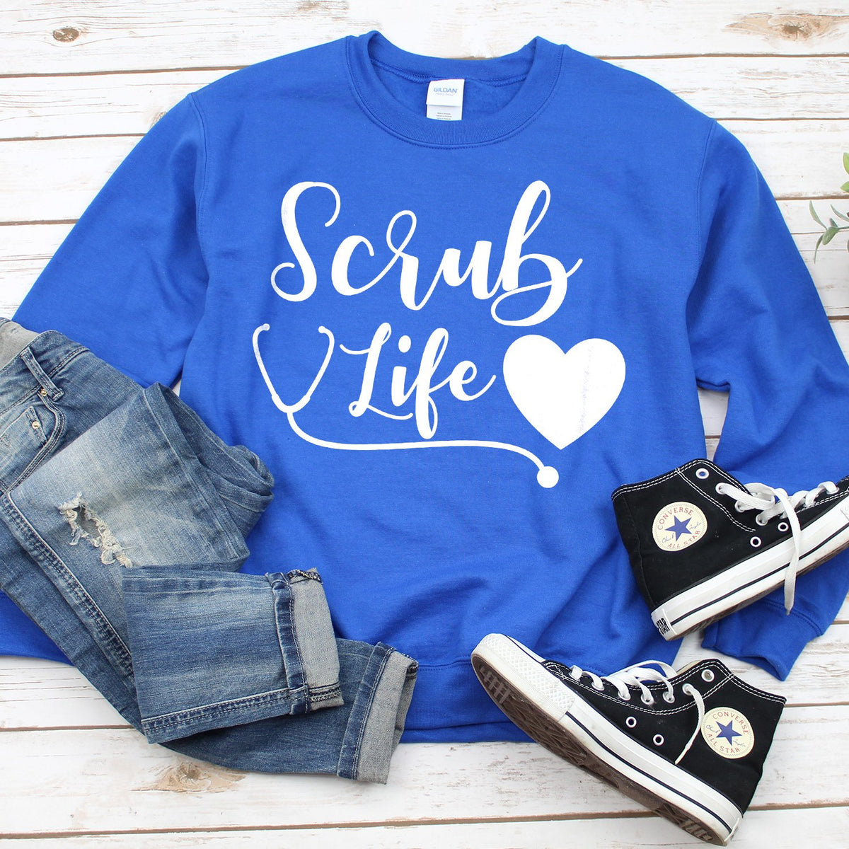 Scrub Life with Stethoscope and Heart - Long Sleeve Heavy Crewneck Sweatshirt