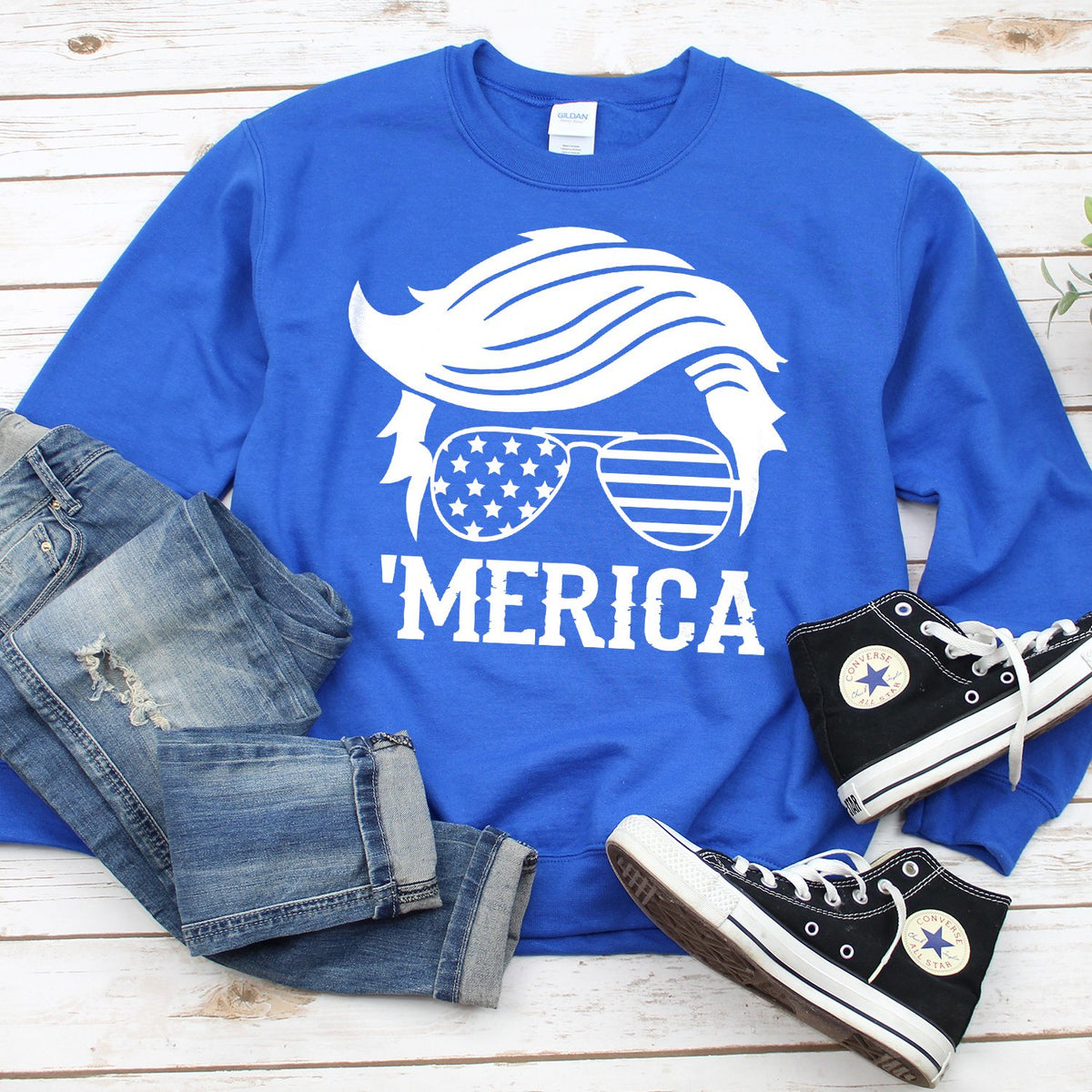 Trump Merica Glasses - Long Sleeve Heavy Crewneck Sweatshirt
