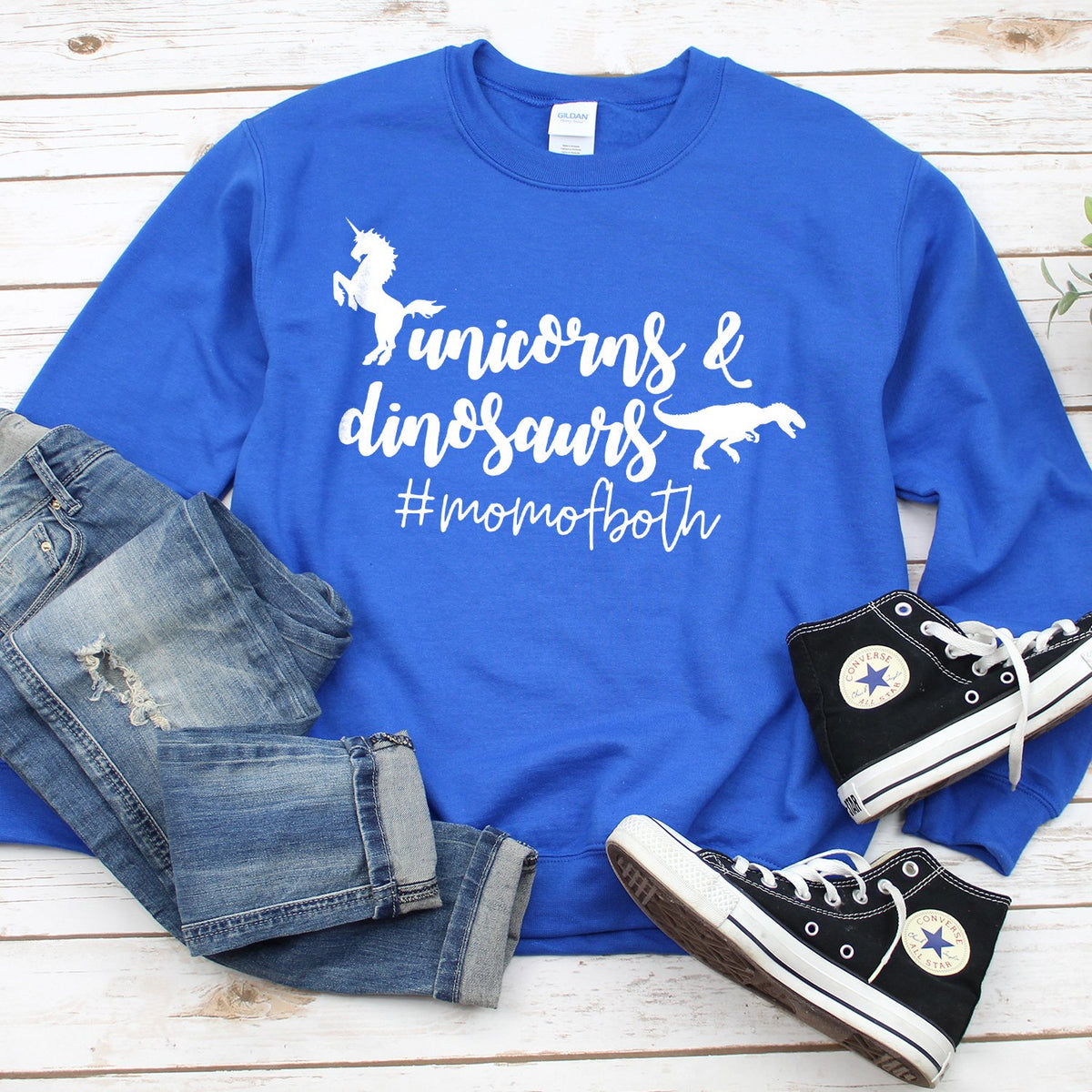 Unicorns &amp; Dinosaurs #MomOfBoth - Long Sleeve Heavy Crewneck Sweatshirt
