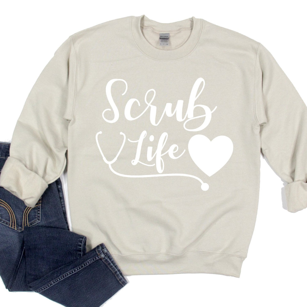 Scrub Life with Stethoscope and Heart - Long Sleeve Heavy Crewneck Sweatshirt