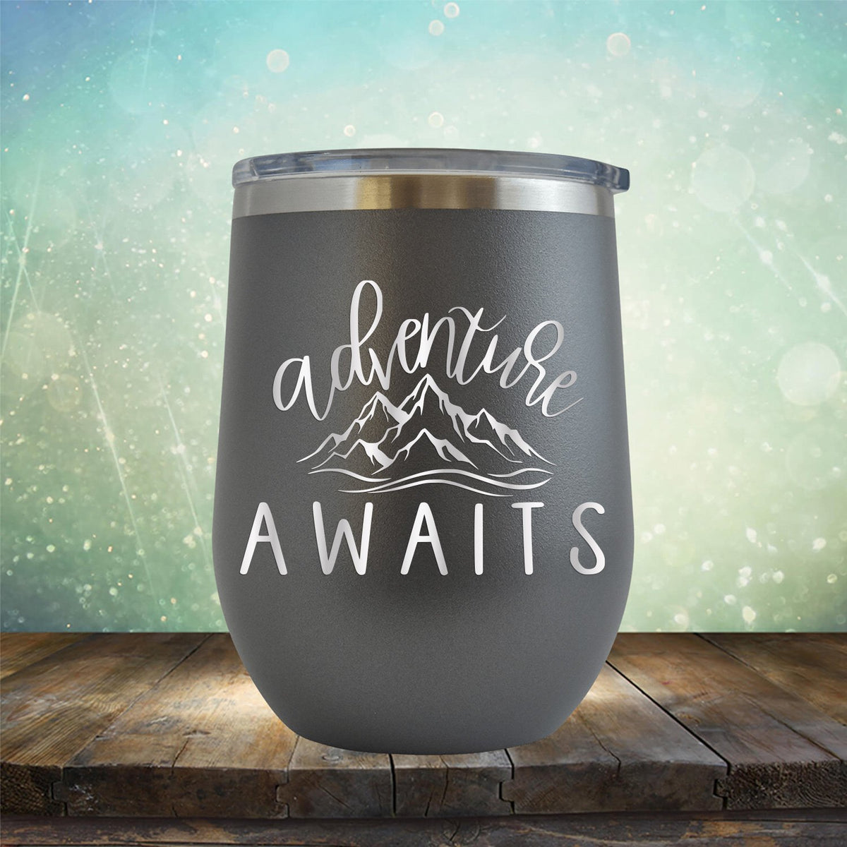 Adventure Awaits with Mountain - Stemless Wine Cup