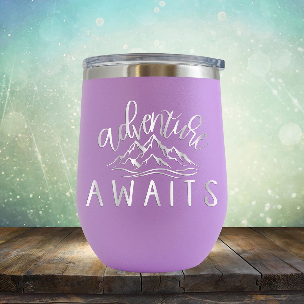 Adventure Awaits with Mountain - Stemless Wine Cup