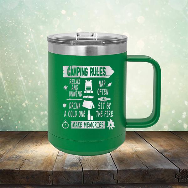 Camping Rules Relax and Unwind Nap Often Drink a Cold One Sit By the Fire Make Memories - Laser Etched Tumbler Mug