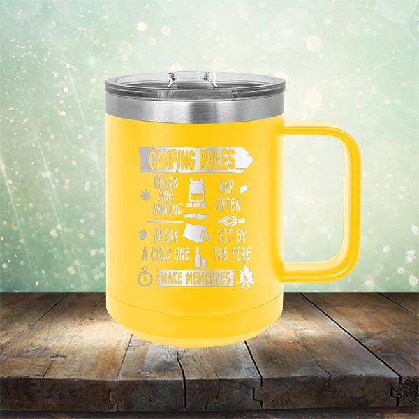 Camping Rules Relax and Unwind Nap Often Drink a Cold One Sit By the Fire Make Memories - Laser Etched Tumbler Mug