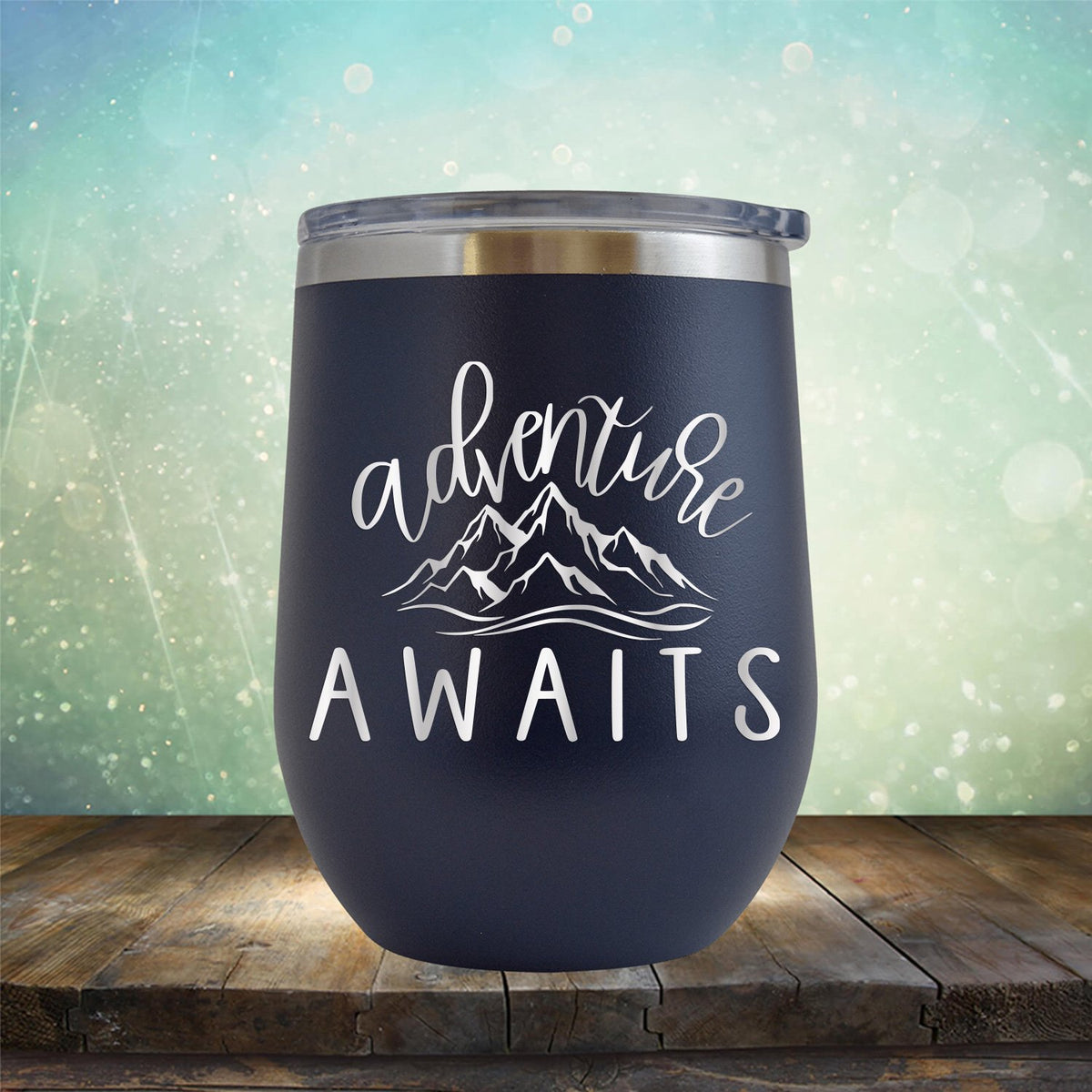 Adventure Awaits with Mountain - Stemless Wine Cup